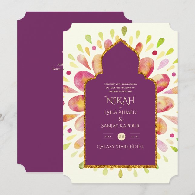 Invitation NIKAH - Mariage d'or moderne Mandala Berry (Devant / Derrière)