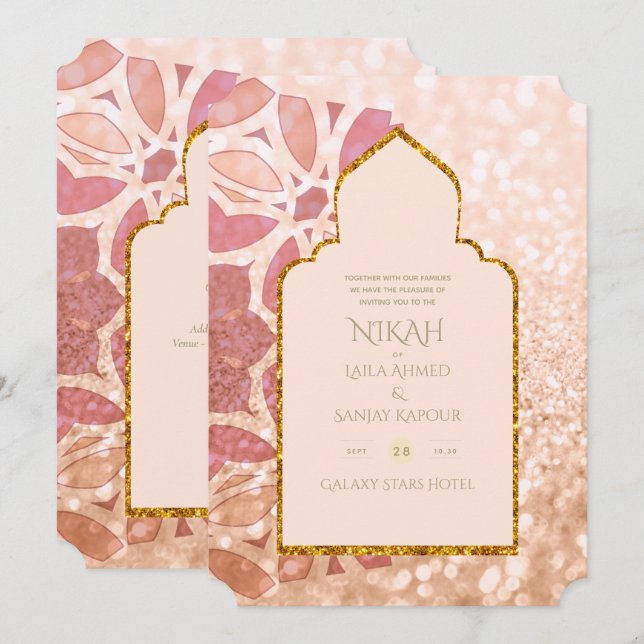 Invitation NIKAH - Ornate Rosegold Mariage d'or rose (Devant / Derrière)