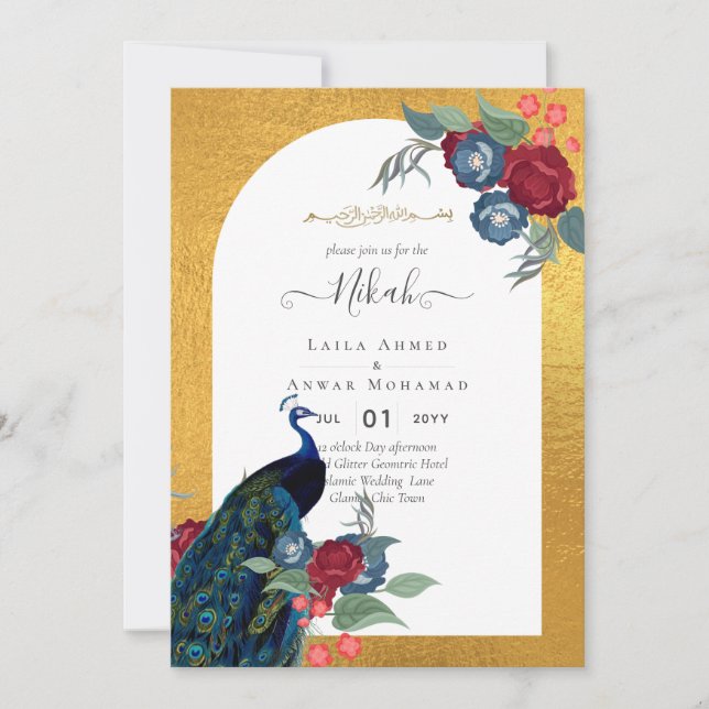 Invitation NIKAH Peacock Floral Gold Frame Mariage islamique (Devant)