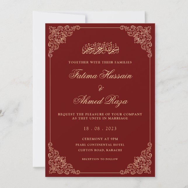 Invitation Nikah Red Gold Mariage musulman islamique (Devant)