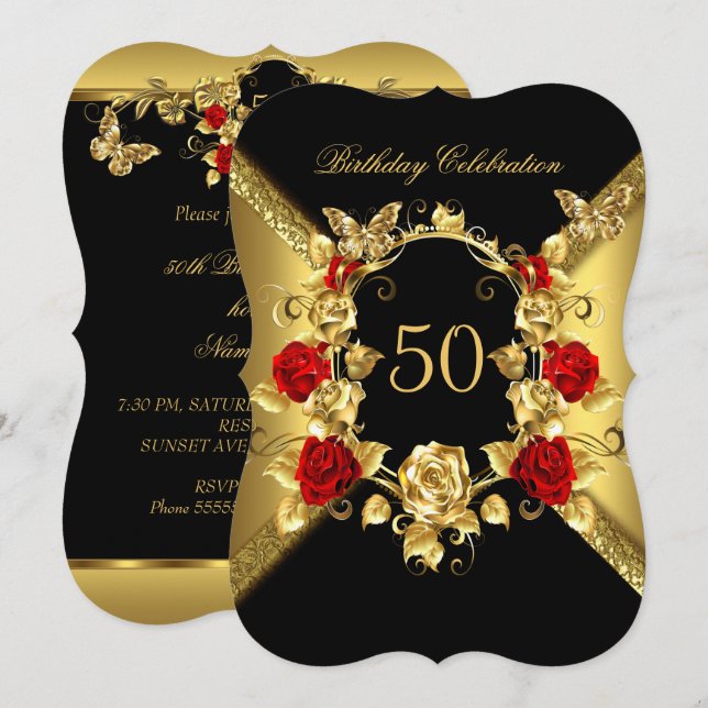 Invitation N'importe quel âge Anniversaire Elégant Or Rouge R (Devant / Derrière)
