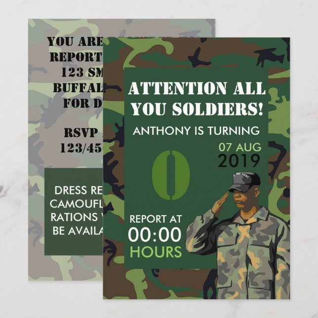 Invitation N'importe quel âge Armée thème Fête Anniversaire I (Devant / Derrière)