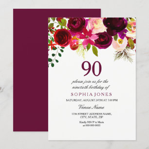 Invitation N'importe quel âge Bourgogne Floral 90e anniversai