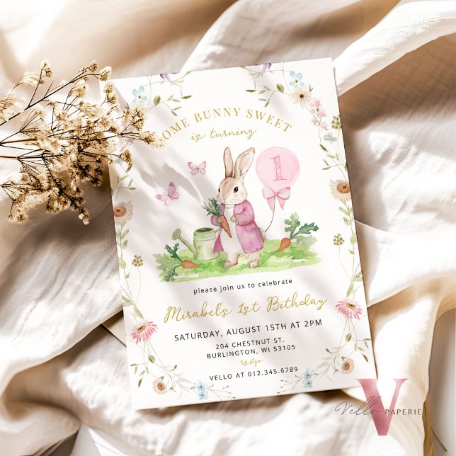 Invitation N'IMPORTE QUEL ÂGE Bunny Pink Aquarelle Fleur sauv (Créateur téléchargé)