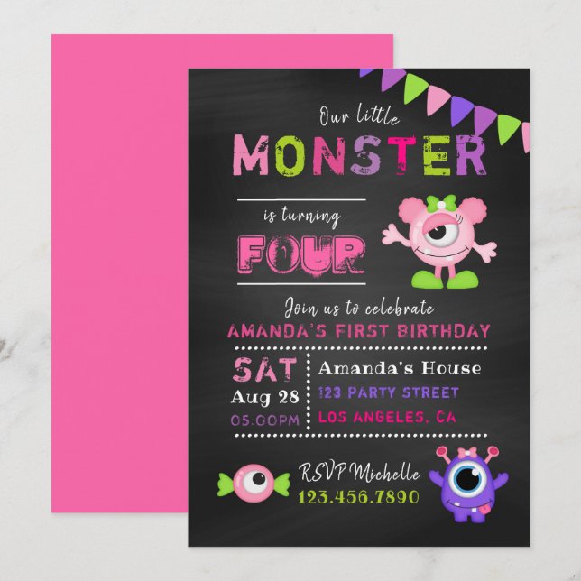 Invitation N'importe quel âge Chalkboard Petit Monster Fille  (Devant / Derrière)