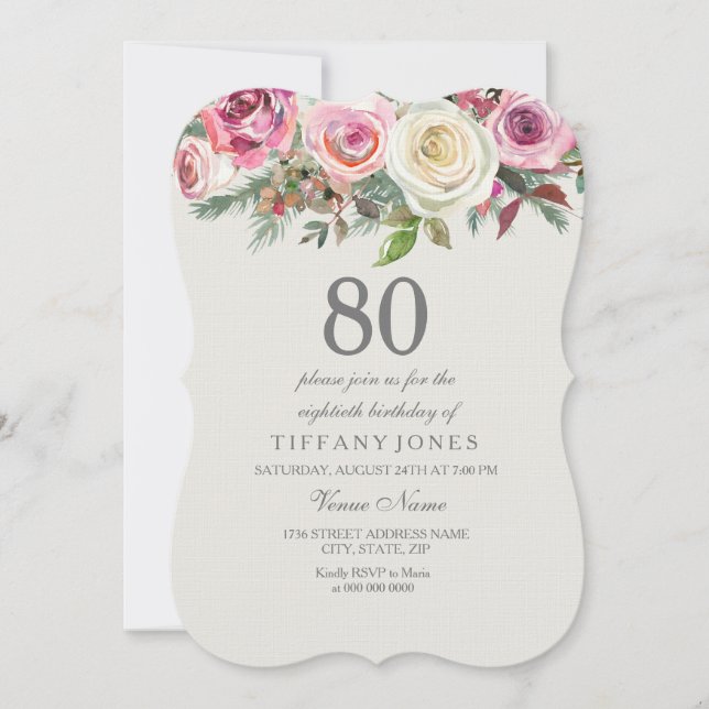 Invitation N'importe quel âge Elegant Rose blanche Floral 80e (Devant)