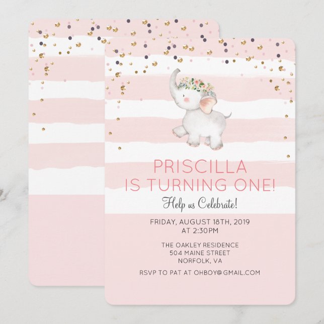 Invitation N'IMPORTE QUEL ÂGE - Eléphante Fille Anniversaire  (Devant / Derrière)