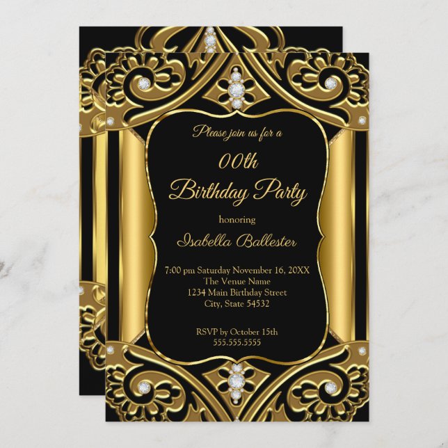 Invitation N'importe quel âge fête d'anniversaire Black Gold  (Devant / Derrière)