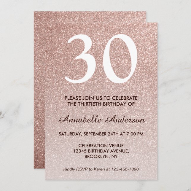 Invitation N'importe quel âge Rose Rose Rose Gold Parties sci (Devant / Derrière)