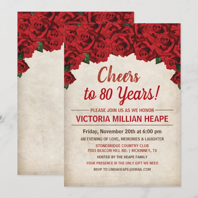 Invitation N'IMPORTE QUEL ÂGE - Roses rouges Jalon Anniversai (Devant / Derrière)