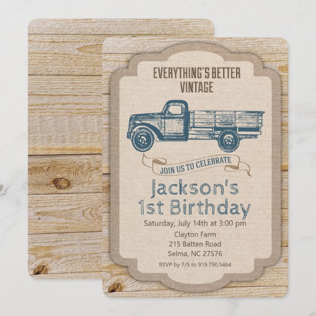 Invitation N'IMPORTE QUEL ÂGE - Rustic Truck Boy Anniversaire (Devant / Derrière)
