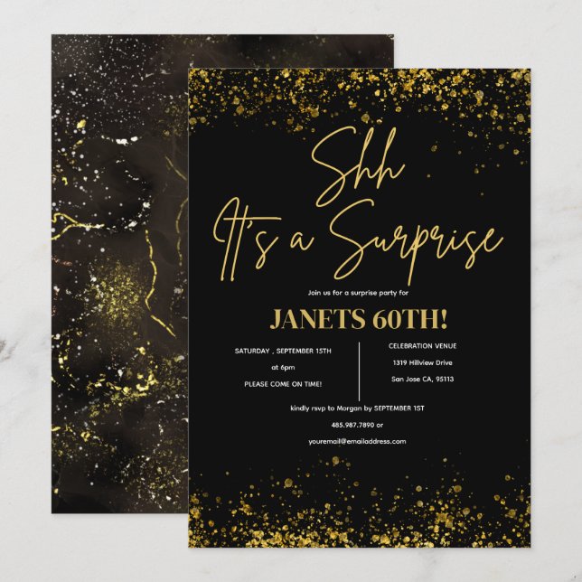 Invitation N'importe quel âge Surprise Anniversaire Noir Scri (Devant / Derrière)