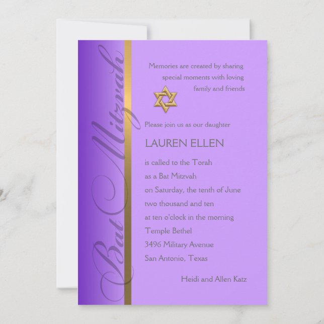 Invitation N'importe quel Bat mitzvah d'invitation couleur av (Dos)