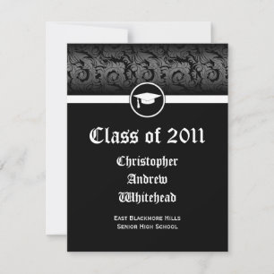 Invitation N'importe quelle année~ Noir et Blanc Damas Gradua