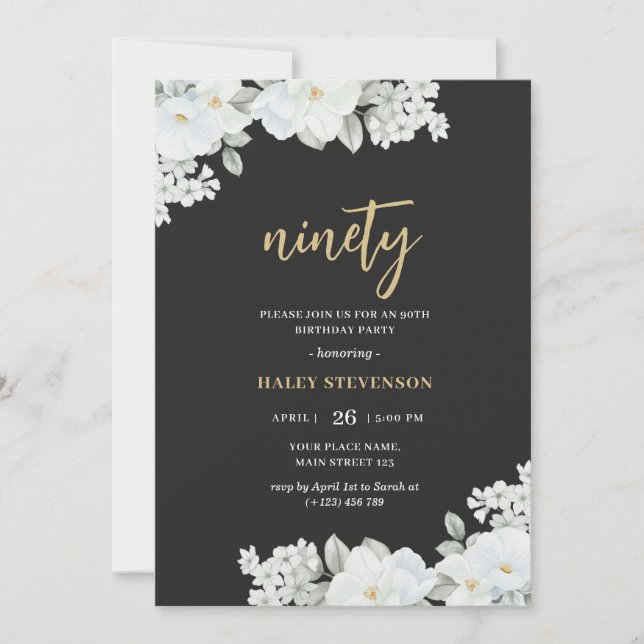Invitation Ninety Black & Gold White Floral Élégant anniversa (Devant)