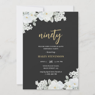 Invitation Ninety Black & Gold White Floral Élégant anniversa