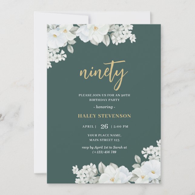 Invitation Ninety Emerald Green & Gold White Floral Anniversa (Devant)