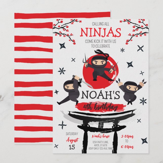 Invitation Ninja Guerrier Arts Martiaux Anniversaire (Devant / Derrière)
