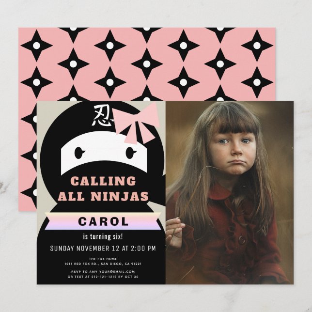 Invitation Ninja Pink & Black Girl Photo Anniversaire (Devant / Derrière)