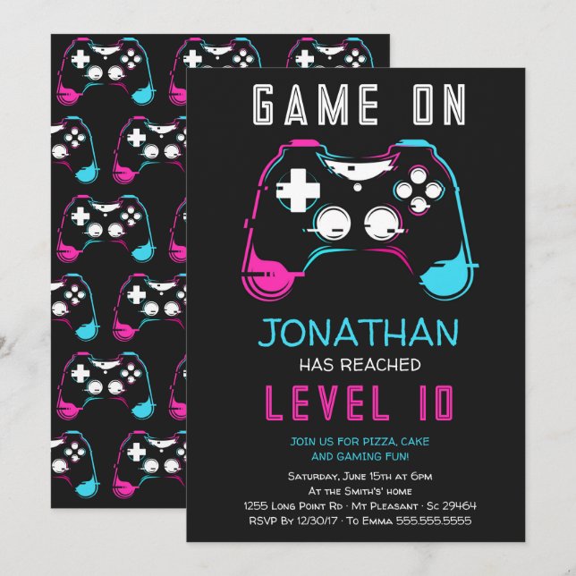 Invitation Niveau de jeu vidéo sur Gamer Anniversaire Invitat (Devant / Derrière)
