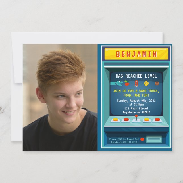 Invitation Niveau Up Arcade Jeu Photo Anniversaire Fête (Devant)