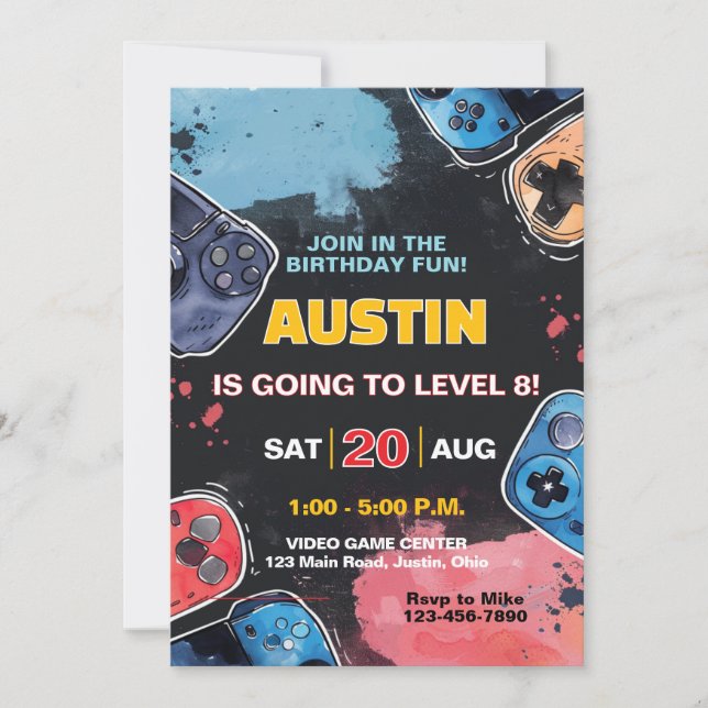 Invitation Niveau Up Gamer N'importe quel âge Garçons ou fill (Devant)