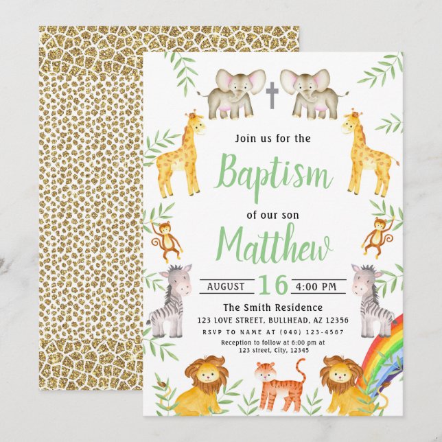 Invitation Noahs Ark Animal et Arc-en-ciel Aquarelle Baptême (Devant / Derrière)