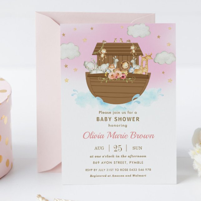 Invitation Noah's Ark Cute Animals Baby shower rose fille (Créateur téléchargé)