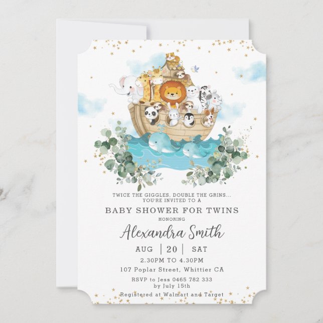 Invitation Noah's Ark Greenery Cute Animals Twins Baby shower (Devant)