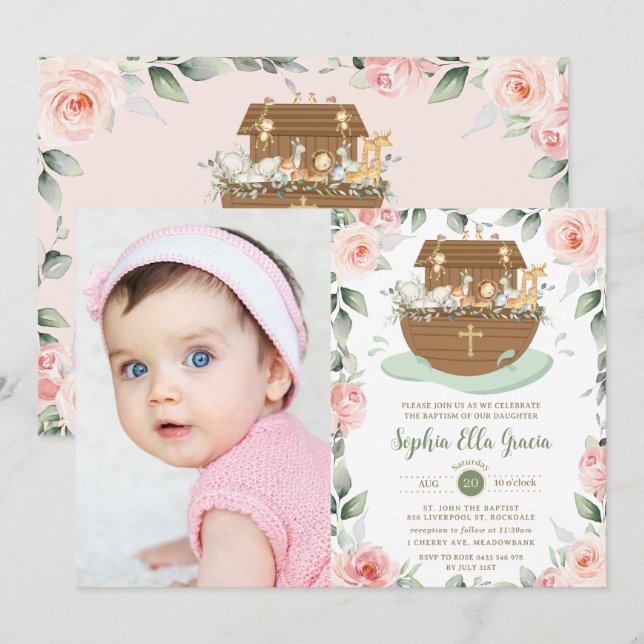 Invitation Noah's Ark rose Floral Girl Baptism Christening (Devant / Derrière)