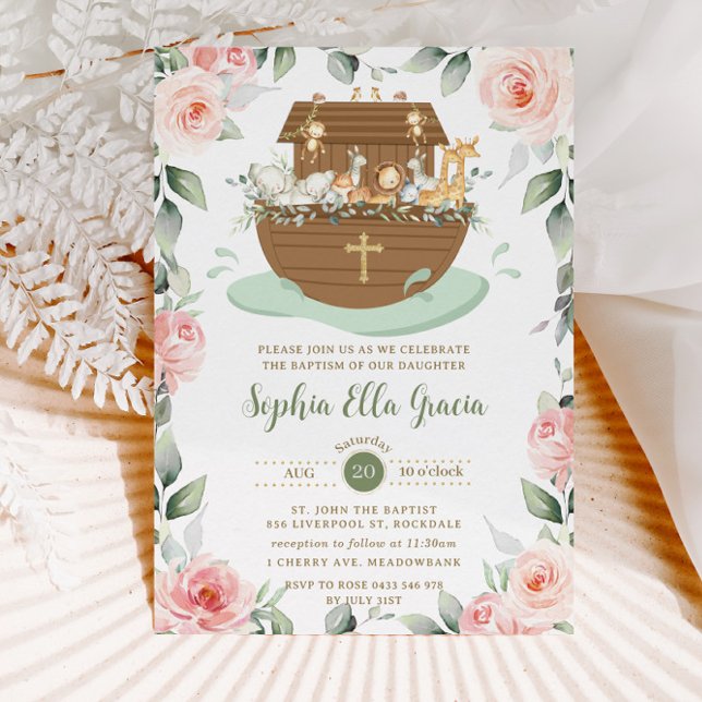 Invitation Noah's Ark rose Floral Girl Baptism Christening (Créateur téléchargé)