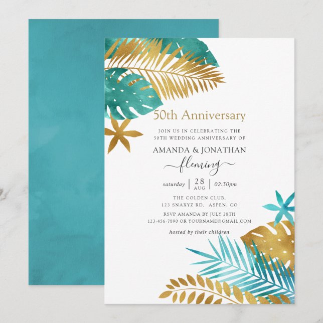 Invitation Noce de mariage tropicale sarcelle et or 50 ans (Devant / Derrière)