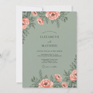 Invitation Noces Corail Olive Pivoine
