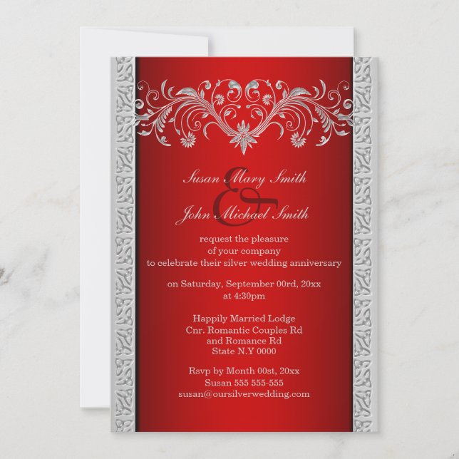 Invitation Noces d'argent rouge florales (Devant)