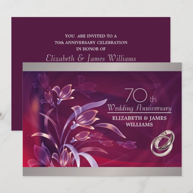 Invitation Noces de Bourgogne Argent Floral 70e Anniversaire  (Devant / Derrière)