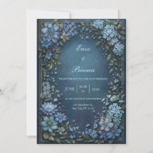 Invitation Noces de Clématite Bleu Minuit Bordure Dorée