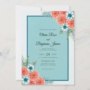 Invitation Noces de corail turquoise tropical et eucalyptus d