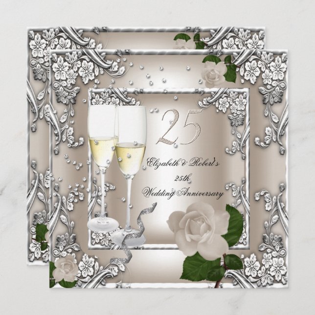 Invitation Noces de Cristal Mariage Crème Rose Argent (Devant / Derrière)