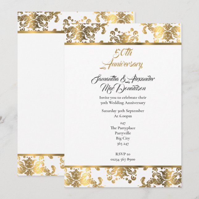Invitation Noces de damas or 50e anniversaire de mariage (Devant / Derrière)