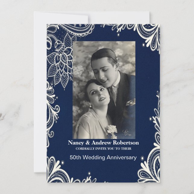 Invitation noces de dentelle blanche bleue nautique 50 ans (Devant)