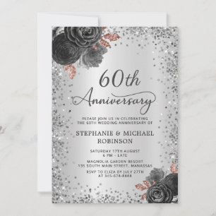 Invitation Noces de diamant : Fleurs pailletées d'argent pour