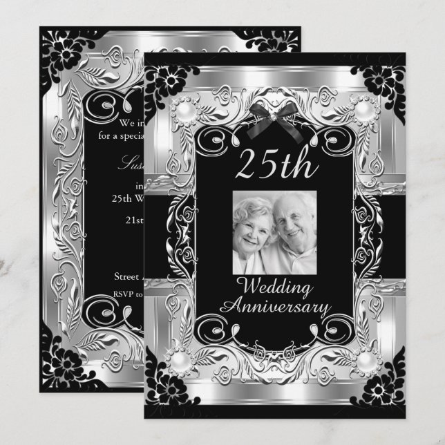 Invitation Noces de Fiançailles Argent Fleur 25ème Anniversai (Devant / Derrière)