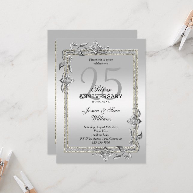 Invitation Noces de gemme et paillettes d'argent 25e annivers (Devant/Arrière en situation)