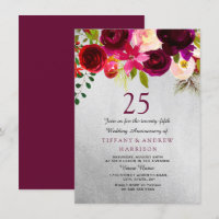 Noces de mariage 25 ans Floral Argent et Bourgogne