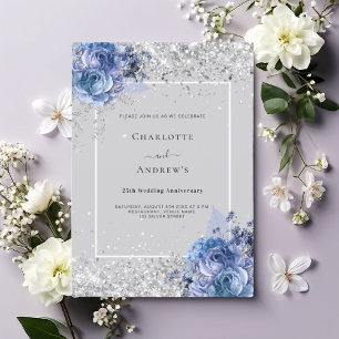 Invitation Noces de mariage 25 ans florales bleues gris argen