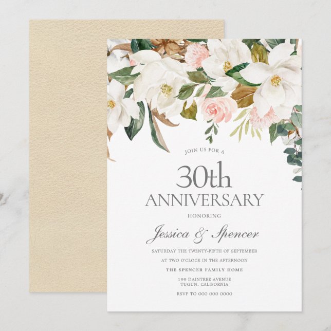Invitation Noces de mariage 30 ans Fleurs roses et blanches (Devant / Derrière)