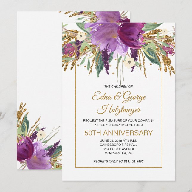 Invitation Noces de mariage 50 ans Améthyste et Or Violet (Devant / Derrière)