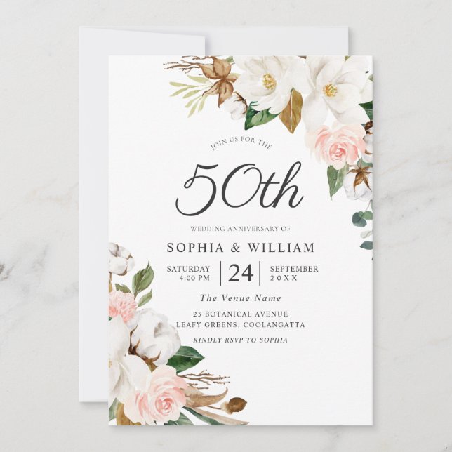 Invitation Noces de mariage 50 ans Fleurs roses et blanches (Devant)