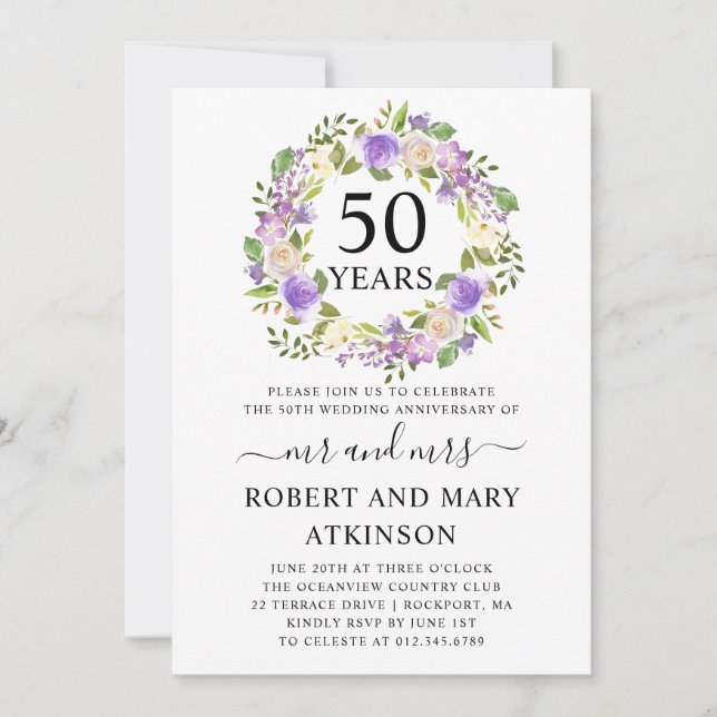Invitation Noces de mariage 50 ans Fleurs violettes et blanch (Devant)