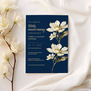 Invitation Noces de mariage 50 ans or bleu blanc floral 